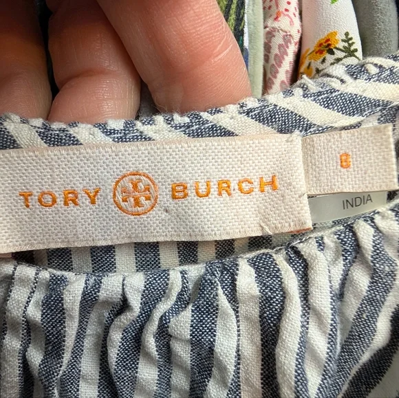 Tory Burch Eyelet Embroidered Stripe Flounce Ruffle Hem Midi Dress Gray Blue 8 - Picture 10 of 13